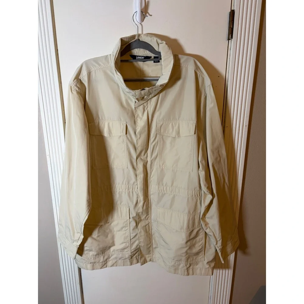 Lands End Mens XXL Field Jacket Beige Lightweight Utility Cargo Coat Full Zip
